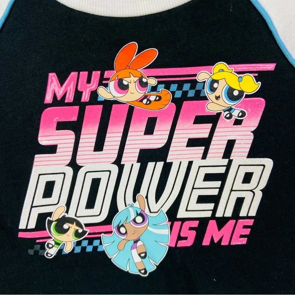 JUSTICE POWERPUFF fleece half cropped MY SUPER POWER IS ME girls shirt SZ XS 5/6